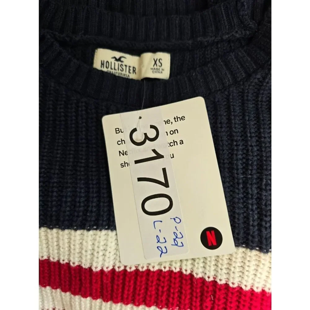 Navy Red & White Striped Knit Sweater Relaxed Fit soft warm outdoor cottagecore